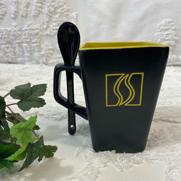 DISARONNO Square Collector's Spirit Mug w/Spoon Ceramic Blk/Yellow 8oz Rum Booze - Picture 2 of 7
